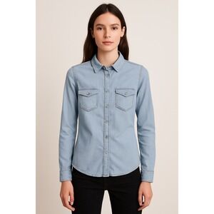 Zara 1975 Denim Chambray Long Sleeve Button Down Shirt Western XS‎
